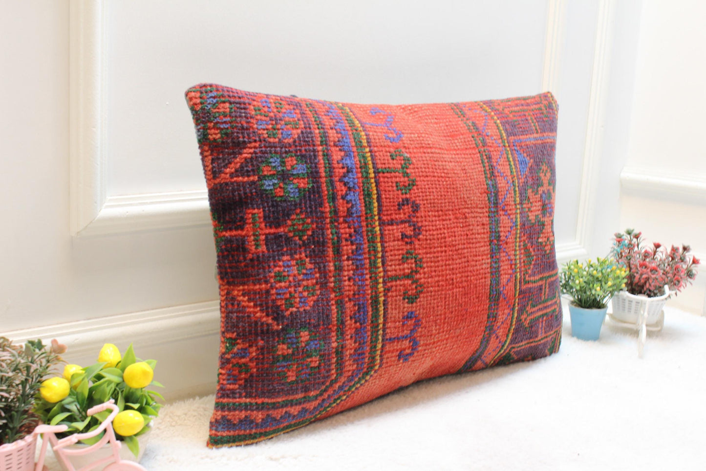 Red Turkish Rug Lumbar Pillow Cover: Vintage Woven Kilim, 16x24 inch