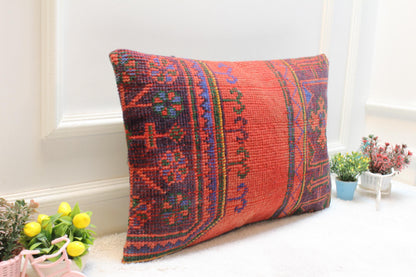 Red Turkish Rug Lumbar Pillow Cover: Vintage Woven Kilim, 16x24 inch