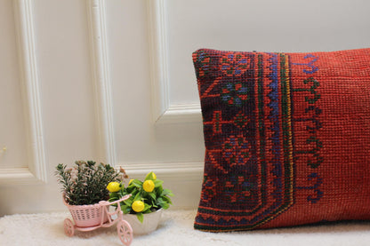 Red Turkish Rug Lumbar Pillow Cover: Vintage Woven Kilim, 16x24 inch