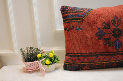 Floral Kilim Lumbar Pillow Cover: Vintage Woven Rug, 16x24 inch