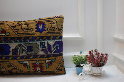 Handmade Kilim Pillow Cover: Beige & Blue Floral Rug Pillow (16x24 inc)