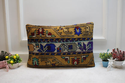 Handmade Kilim Pillow Cover: Beige & Blue Floral Rug Pillow (16x24 inc)