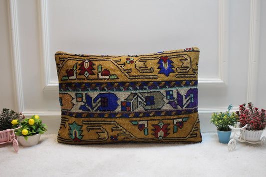 Handmade Kilim Pillow Cover: Beige & Blue Floral Rug Pillow (16x24 inc)