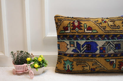 Handmade Kilim Pillow Cover: Beige & Blue Floral Rug Pillow (16x24 inc)