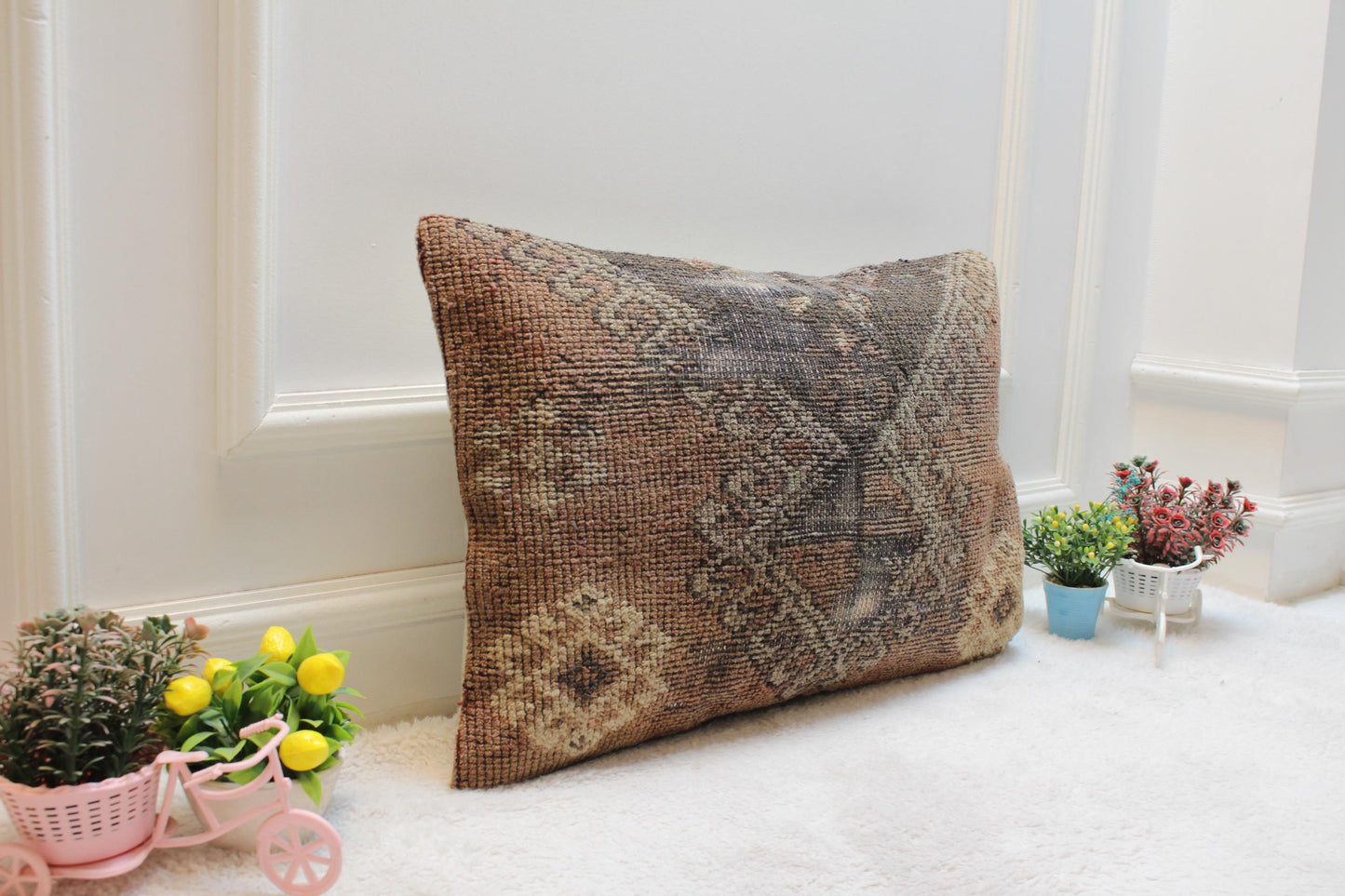 Handmade Wool Lumbar Pillow Cover: Red Brown Turkish Rug, 16x24 inch