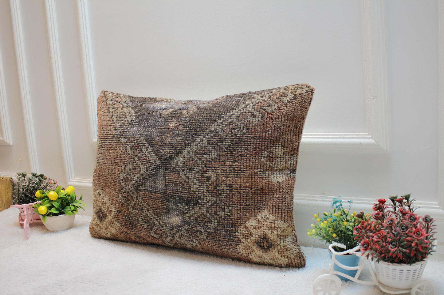 Handmade Wool Lumbar Pillow Cover: Red Brown Turkish Rug, 16x24 inch