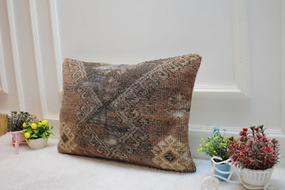 Handmade Wool Lumbar Pillow Cover: Red Brown Turkish Rug, 16x24 inch