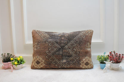 Handmade Wool Lumbar Pillow Cover: Red Brown Turkish Rug, 16x24 inch