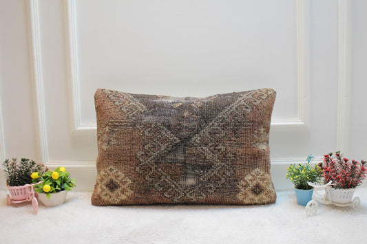 Handmade Wool Lumbar Pillow Cover: Red Brown Turkish Rug, 16x24 inch