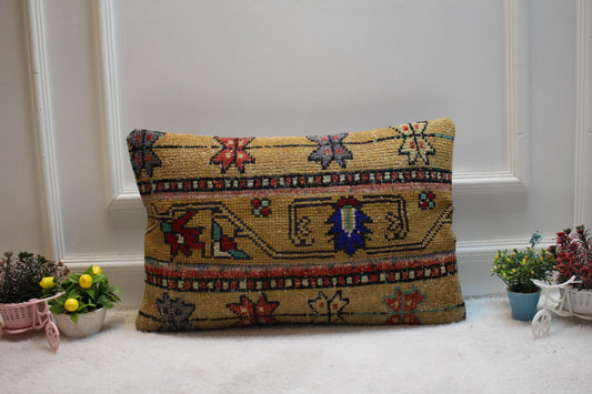 Handmade Wool Lumbar Pillow Cover: Upcycled Anatolian Rug, 16x24 inch