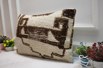 Vintage Kilim Lumbar Pillow Cover: White & Brown Organic Wool (16x24 in)