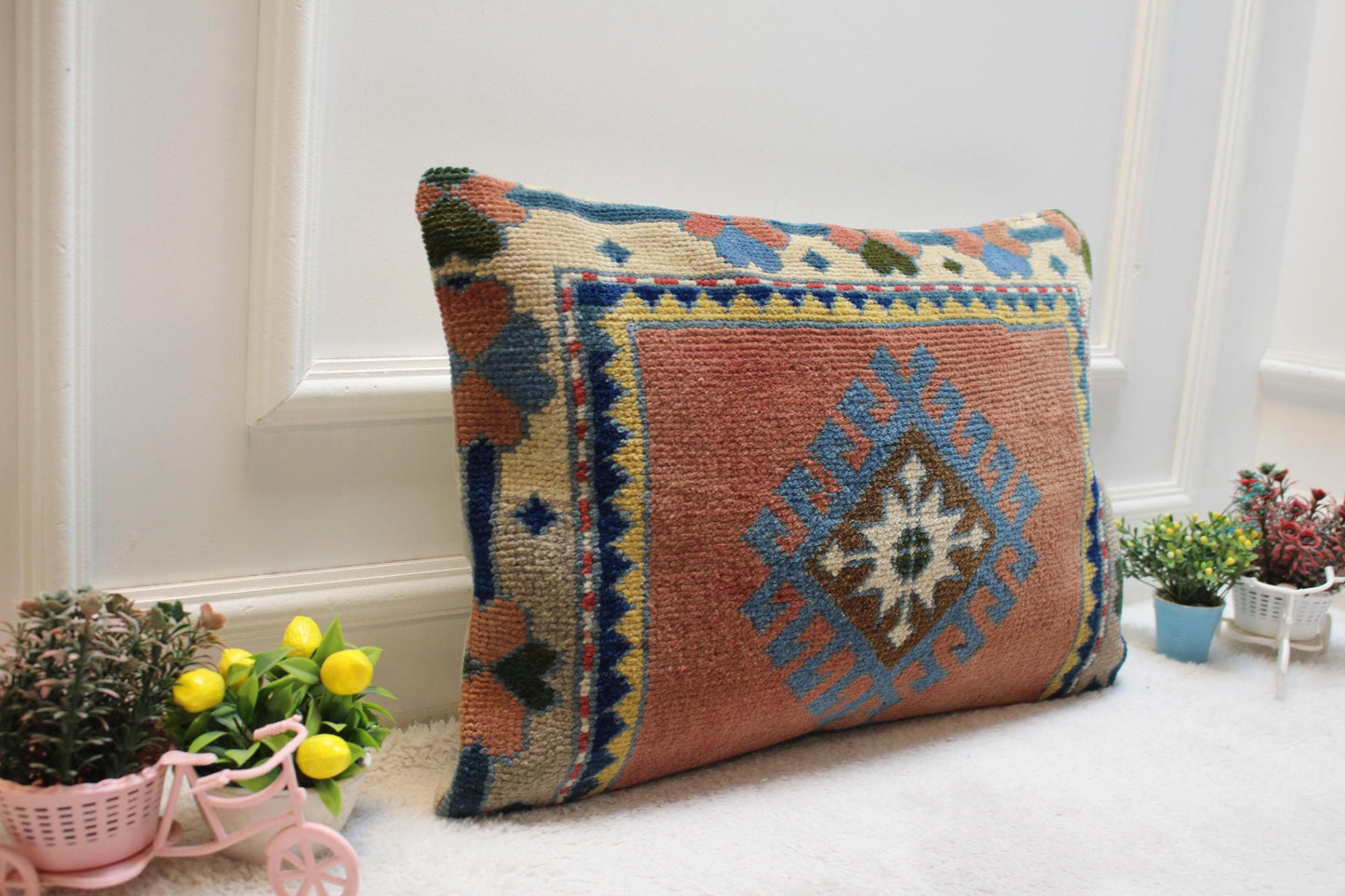 Geometric Kilim Lumbar Pillow Cover: Upcycled Woven Rug, 16x24 inch