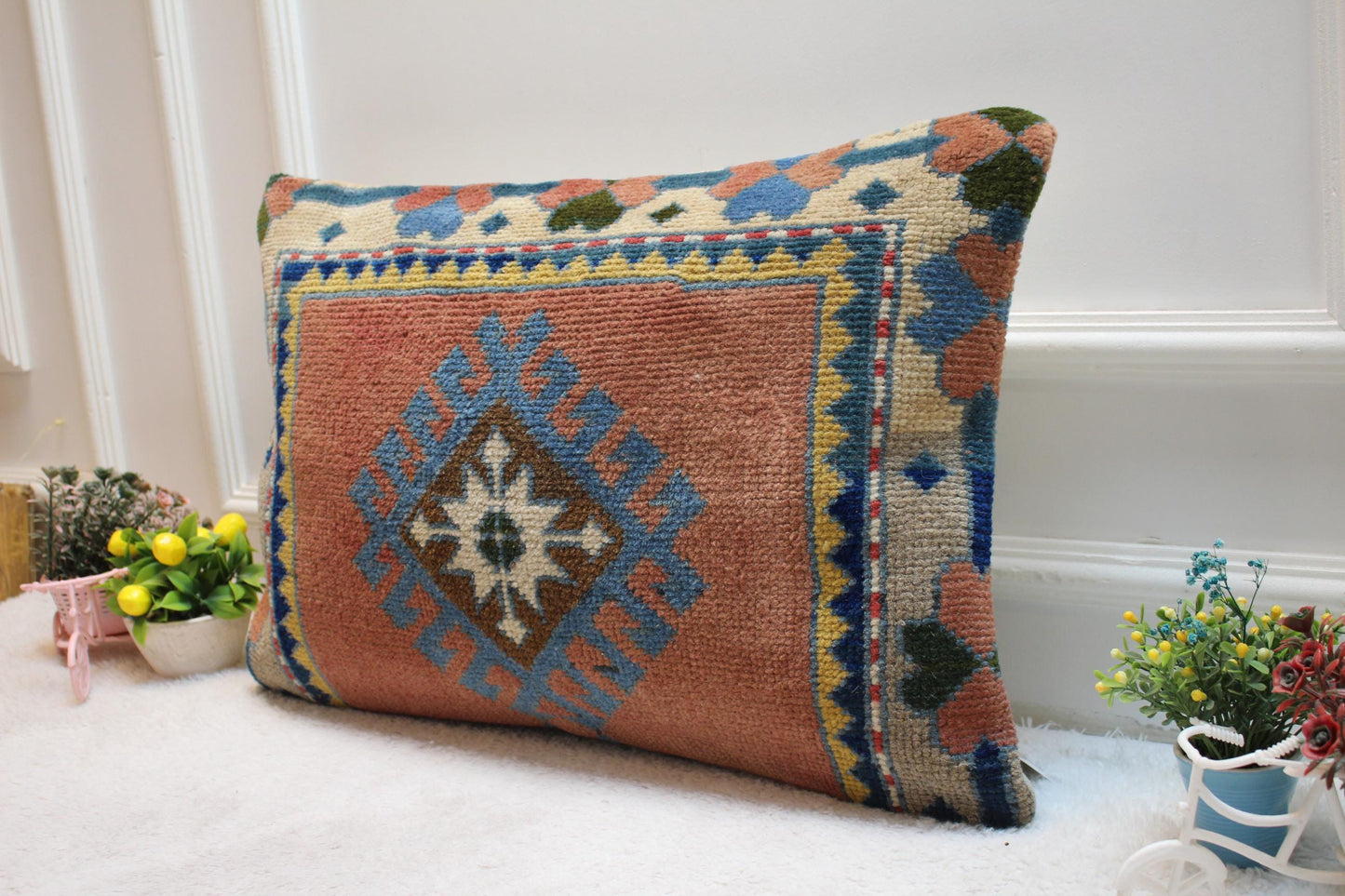 Geometric Kilim Lumbar Pillow Cover: Upcycled Woven Rug, 16x24 inch
