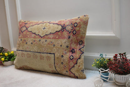 Vintage Turkish Rug Lumbar Pillow Cover: Organic Wool, 16x24 inch