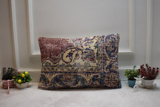 Vintage Turkish Rug Pillow Cover: Upcycled Kilim, Bohemian Decor (16x24 in)