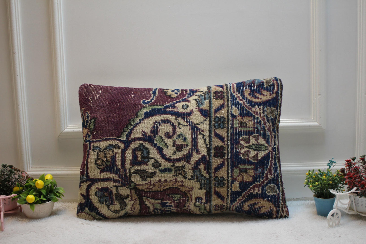 Purple Turkish Rug Lumbar Pillow: Vintage Woven Throw, 16x24 inch