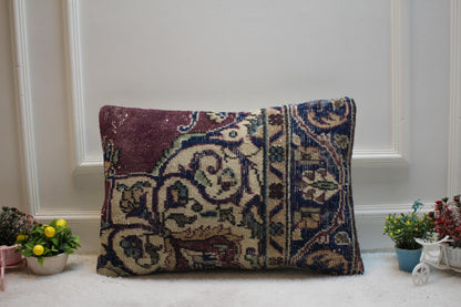 Purple Turkish Rug Lumbar Pillow: Vintage Woven Throw, 16x24 inch