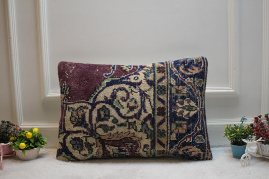 Purple Turkish Rug Lumbar Pillow: Vintage Woven Throw, 16x24 inch