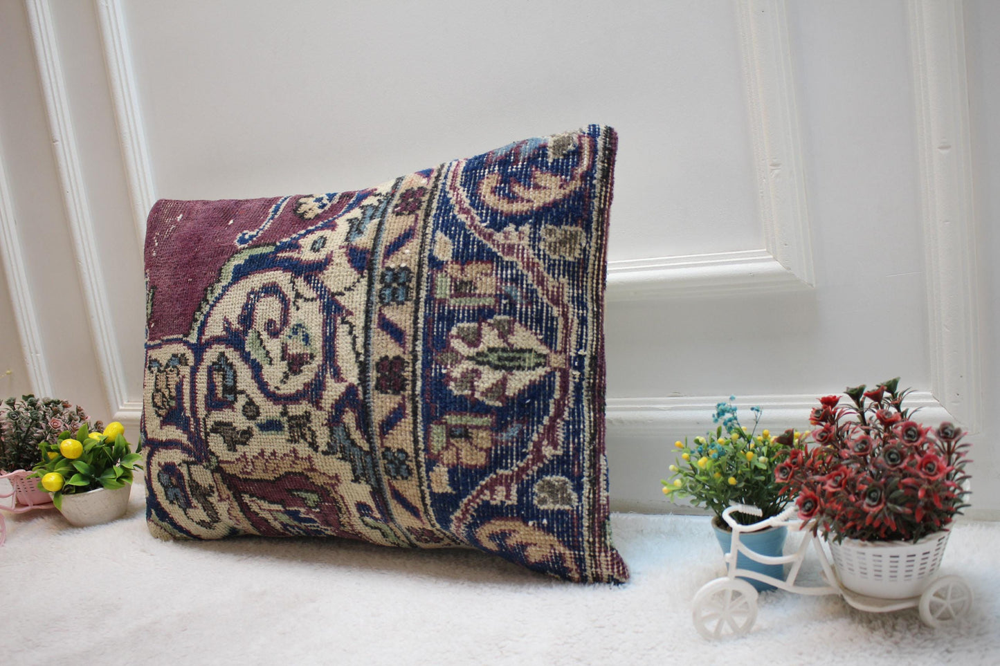 Purple Turkish Rug Lumbar Pillow: Vintage Woven Throw, 16x24 inch