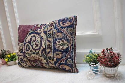 Purple Turkish Rug Lumbar Pillow: Vintage Woven Throw, 16x24 inch
