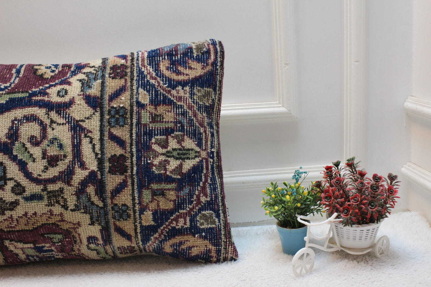 Purple Turkish Rug Lumbar Pillow: Vintage Woven Throw, 16x24 inch