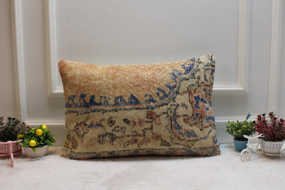 Handmade Turkish Rug Pillow Cover: Organic Wool Lumbar Pillow (16x24 in)