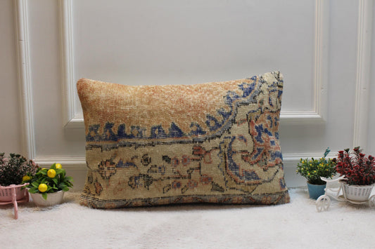 Handmade Turkish Rug Pillow Cover: Organic Wool Lumbar Pillow (16x24 in)