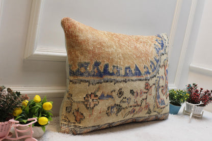 Handmade Turkish Rug Pillow Cover: Organic Wool Lumbar Pillow (16x24 in)
