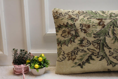 Floral Kilim Lumbar Pillow Cover: Handmade Organic Wool Rug (16x24 in)
