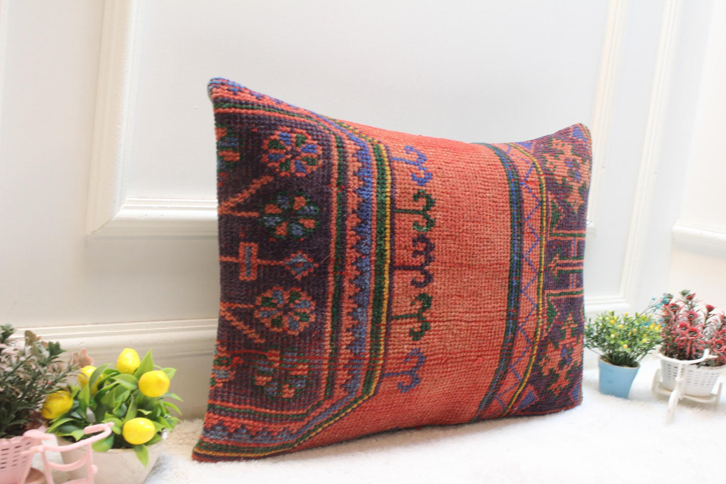 Red Wool Kilim Lumbar Pillow Cover: 16x24 inc Handmade Rug Pillow