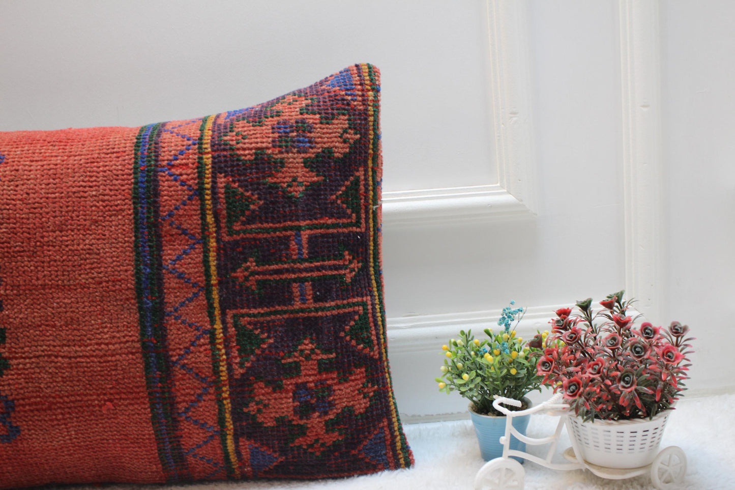 Red Wool Kilim Lumbar Pillow Cover: 16x24 inc Handmade Rug Pillow