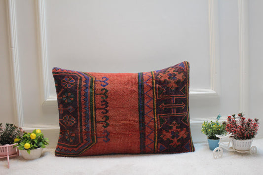 Red Wool Kilim Lumbar Pillow Cover: 16x24 inc Handmade Rug Pillow