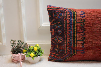 Red Wool Kilim Lumbar Pillow Cover: 16x24 inc Handmade Rug Pillow
