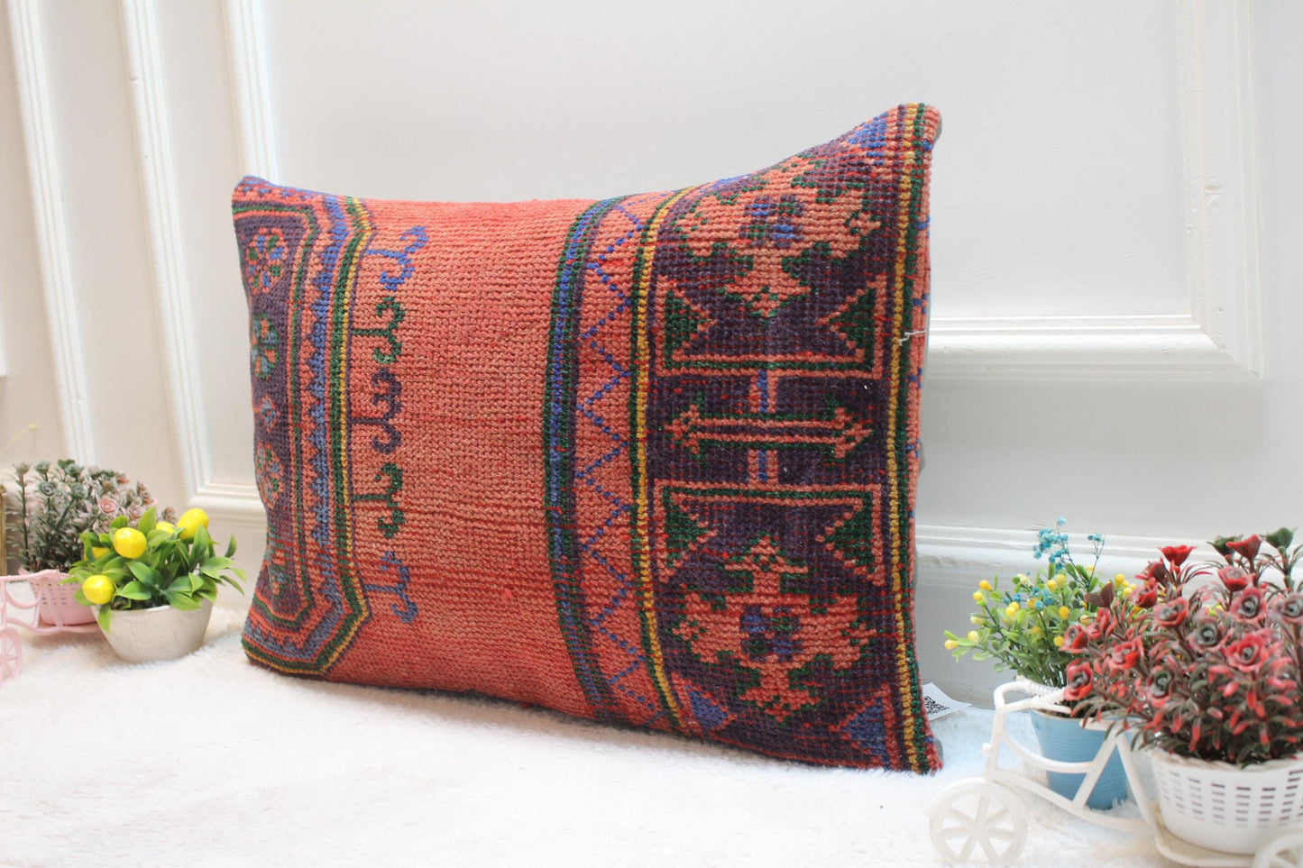 Red Wool Kilim Lumbar Pillow Cover: 16x24 inc Handmade Rug Pillow