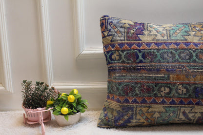 Handmade Kilim Lumbar Pillow Cover: Geometric Rug Pillow (16x24 inc)