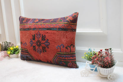 Handmade Red Kilim Pillow Cover: Upcycled Woven Rug (16x24 inc)