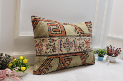 Handmade Turkish Kilim Lumbar Pillow Cover: Patchwork Rug Pillow (16x24 in)