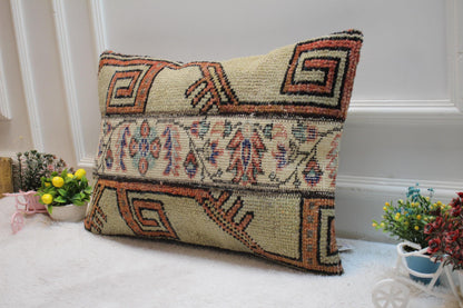 Handmade Turkish Kilim Lumbar Pillow Cover: Patchwork Rug Pillow (16x24 in)