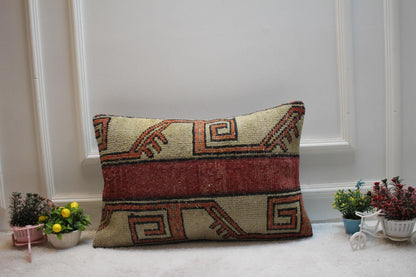 Handmade Kilim Pillow Cover: Upcycled Woven Rug, Geometric Design (16x24in)