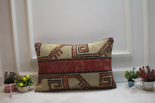 Handmade Kilim Pillow Cover: Upcycled Woven Rug, Geometric Design (16x24in)