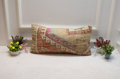 Handmade Kilim Lumbar Pillow Cover: Upcycled Wool Rug, 12x24 inc