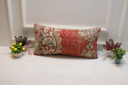 Red Beige Turkish Rug Lumbar Pillow Cover: Vintage Wool, 12x24 inch