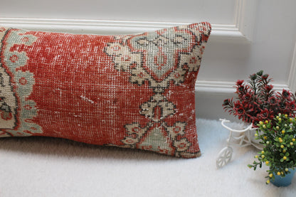 Red Beige Turkish Rug Lumbar Pillow Cover: Vintage Wool, 12x24 inch