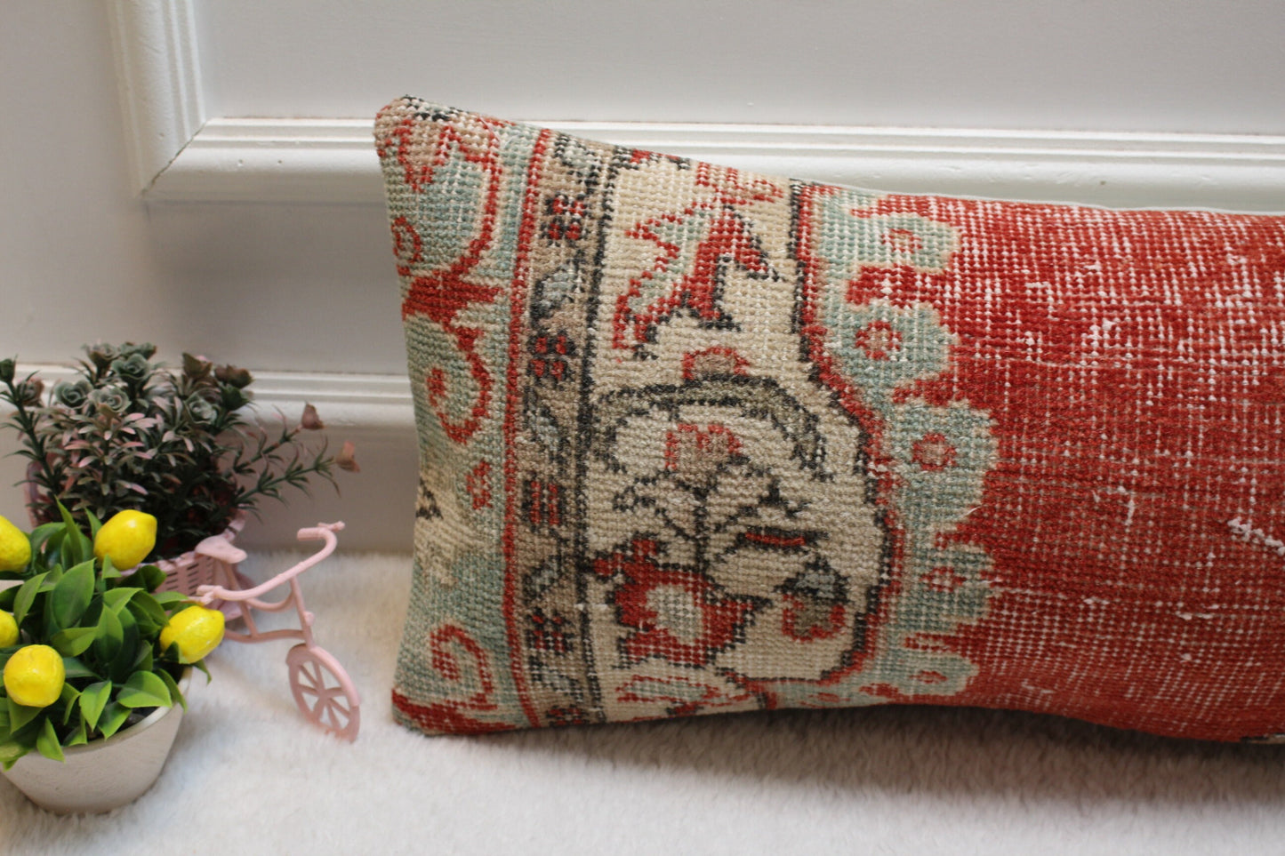Red Beige Turkish Rug Lumbar Pillow Cover: Vintage Wool, 12x24 inch