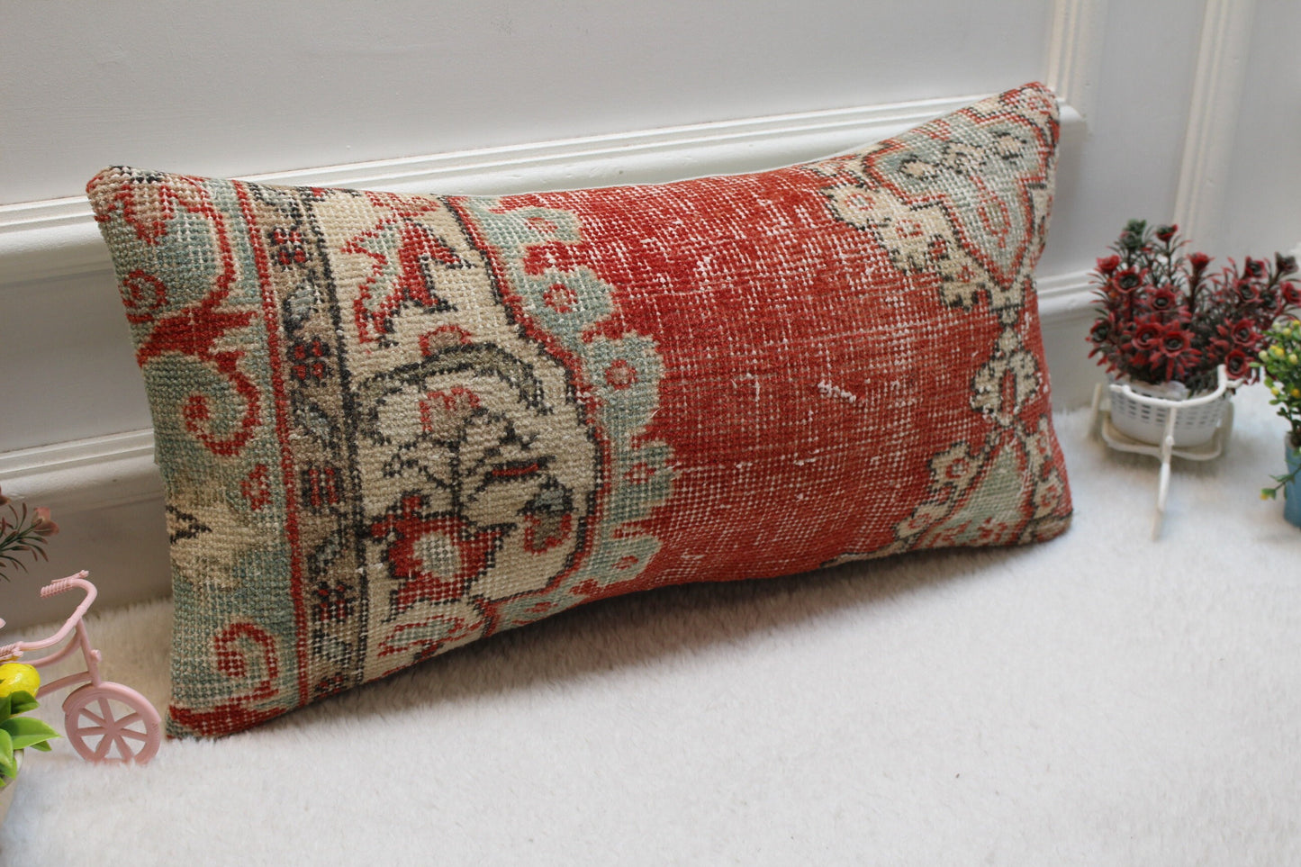 Red Beige Turkish Rug Lumbar Pillow Cover: Vintage Wool, 12x24 inch