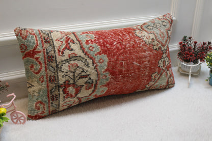 Red Beige Turkish Rug Lumbar Pillow Cover: Vintage Wool, 12x24 inch