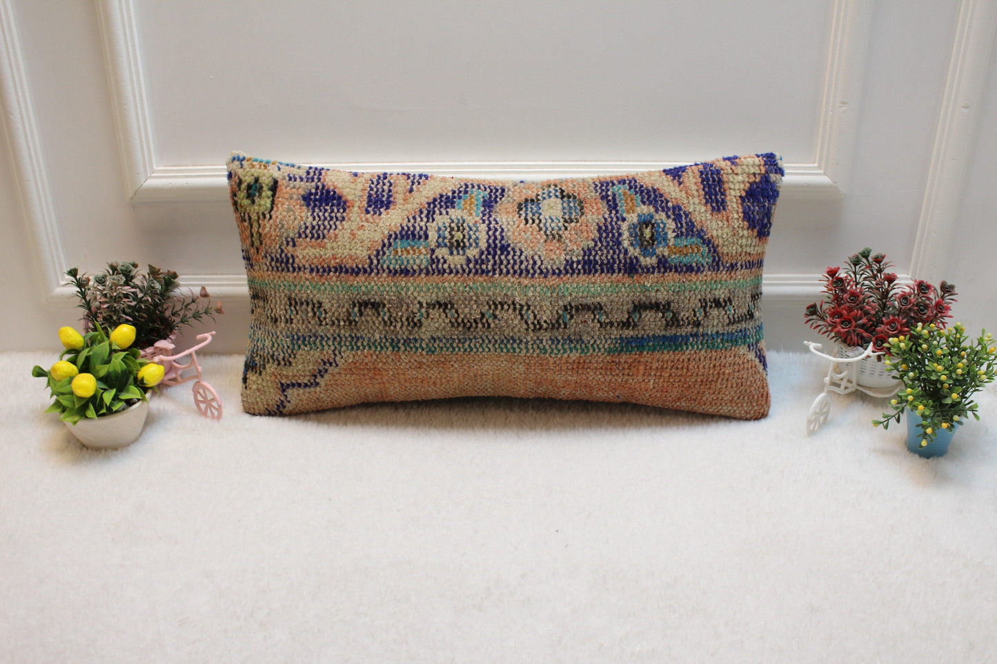 Vintage Turkish Rug Lumbar Pillow Cover: Blue & Orange Wool (12x24 in)