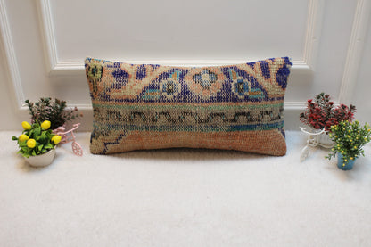 Vintage Turkish Rug Lumbar Pillow Cover: Blue & Orange Wool (12x24 in)