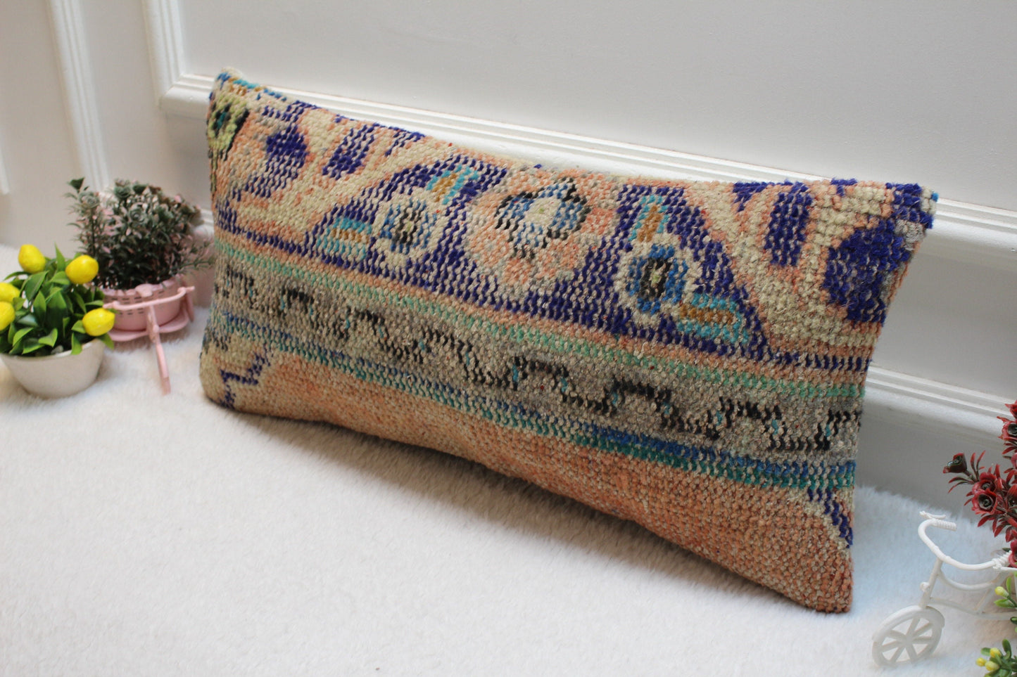 Vintage Turkish Rug Lumbar Pillow Cover: Blue & Orange Wool (12x24 in)