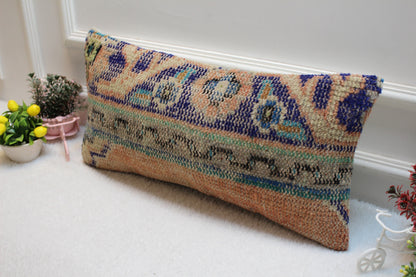Vintage Turkish Rug Lumbar Pillow Cover: Blue & Orange Wool (12x24 in)